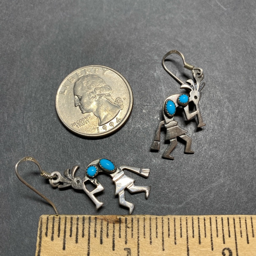 Southwest kokopelli flute player sterling silver blue turquoise earrings - Picture 3 of 4
